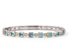 Load image into Gallery viewer, MIXED METAL SKY BLUE TOPAZ WHITE DIAMOND EMERALD CUT FLUTED BRACELET