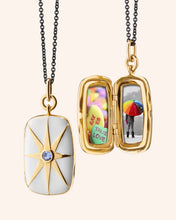 Load image into Gallery viewer, White Enamel Vermeil Rectangle Locket with Blue Sapphire